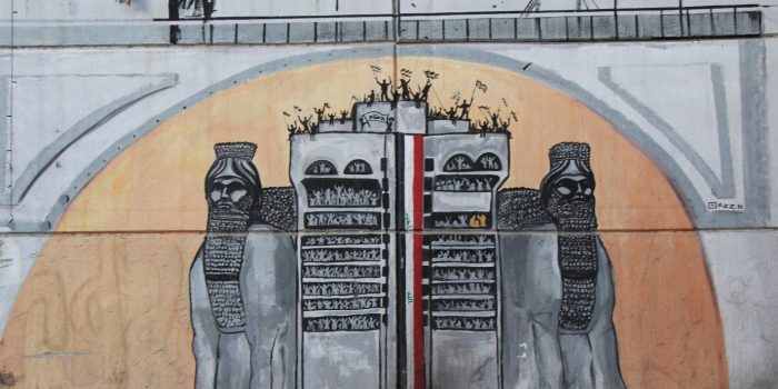 A mural in Tahrir Square in Baghdad depicting two Assyrian lamassus protecting the ‘Turkish Restaurant’ building that had been taken over by protests in 2019. Ammar al Jazaeri (Photographer)