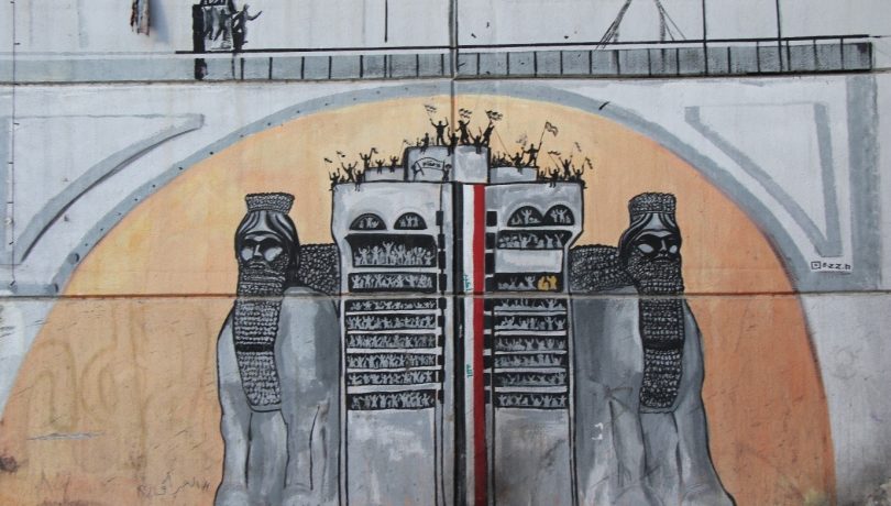 A mural in Tahrir Square in Baghdad depicting two Assyrian lamassus protecting the ‘Turkish Restaurant’ building that had been taken over by protests in 2019. Ammar al Jazaeri (Photographer)