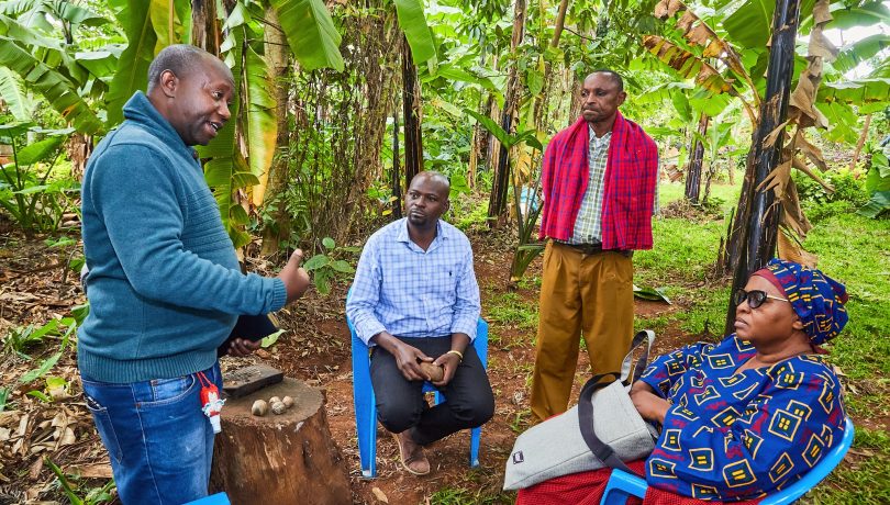 From left to right: Assistant PI (Valence Silayo), PI (Nicholaus Kavishe) and participants from MMEKU Arts Group (Peter Mushi and Zuhura Ali) during a recent group discussion in Rombo district