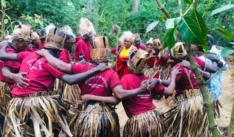 Iringi Traditional Dancers from Rombo District performing during the group performance and recording event. They are decorated by dry banana leaves